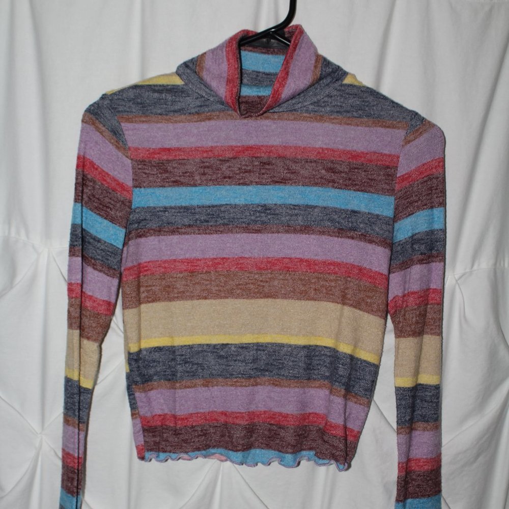 Striped Turtle Neck Long Sleeve Crop Top